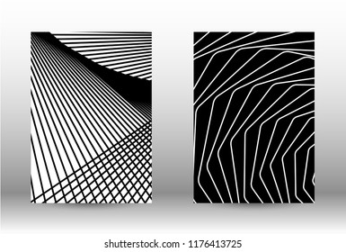 Optical contrast. Set of abstract patterns with distorted lines. Black and white striped psychedelic background. Abstract vector illustration.You can use for design covers, cards,posters.