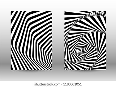 Optical contrast. Set of abstract patterns with distorted lines. Black and white striped psychedelic background. Abstract vector illustration.You can use for design covers, cards,posters.