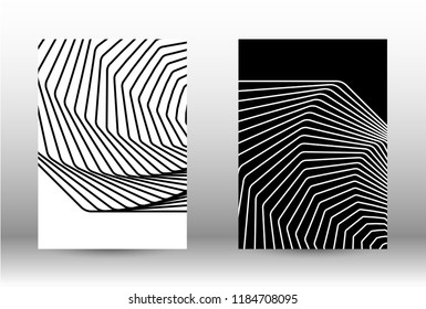 Contraste óptico. Conjunto de patrones abstractos con líneas distorsionadas. Fondo psicodélico rayado en blanco y negro. Ilustración vectorial abstracta.Puede utilizarse para cubiertas de diseño, tarjetas, carteles.