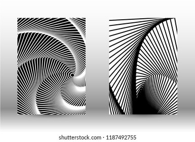 Optical contrast. Set of abstract patterns with distorted lines. Black and white striped psychedelic background. Abstract vector illustration.You can use for design covers, cards,posters.