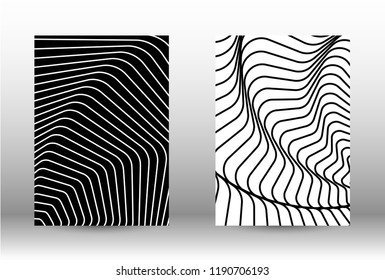 Optical contrast. Set of abstract patterns with distorted lines. Black and white striped psychedelic background. Abstract vector illustration.You can use for design covers, cards,posters.