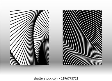 Optical contrast. Set of abstract patterns with distorted lines. Black and white striped psychedelic background. Abstract vector illustration.You can use for design covers, cards,posters.