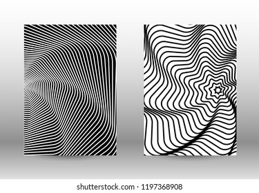Optical contrast. Set of abstract patterns with distorted lines. Black and white striped psychedelic background. Abstract vector illustration.You can use for design covers, cards,posters.