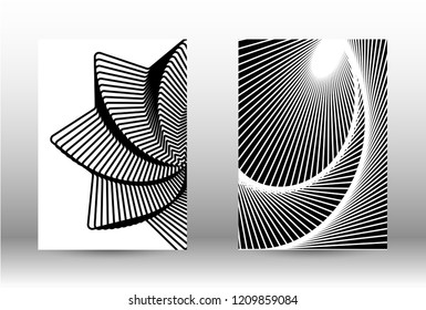 Optical contrast. Set of abstract patterns with distorted lines. Black and white striped psychedelic background. Abstract vector illustration.You can use for design covers, cards,posters.