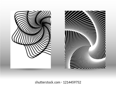 Optical contrast. Set of abstract patterns with distorted lines. Black and white striped psychedelic background. Abstract vector illustration.You can use for design covers, cards,posters.