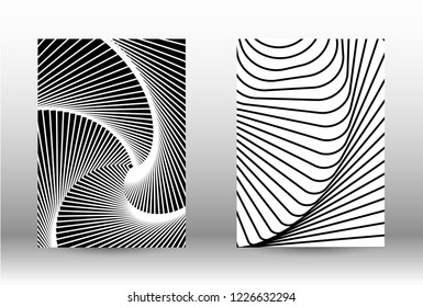 Optical contrast. Set of abstract patterns with distorted lines. Black and white striped psychedelic background. Abstract vector illustration.You can use for design covers, cards,posters.