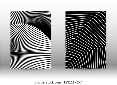 Optical contrast. Set of abstract patterns with distorted lines. Black and white striped psychedelic background. Abstract vector illustration.You can use for design covers, cards,posters.