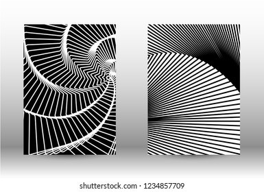 Optical contrast. Set of abstract patterns with distorted lines. Black and white striped psychedelic background. Abstract vector illustration.You can use for design covers, cards,posters.