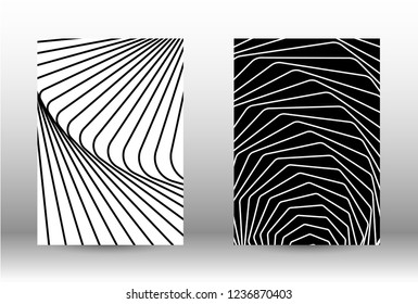 Optical contrast. Set of abstract patterns with distorted lines. Black and white striped psychedelic background. Abstract vector illustration.You can use for design covers, cards,posters.