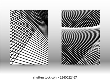 Optical contrast. Set of abstract patterns with distorted lines. Black and white striped psychedelic background. Abstract vector illustration.You can use for design covers, cards,posters.