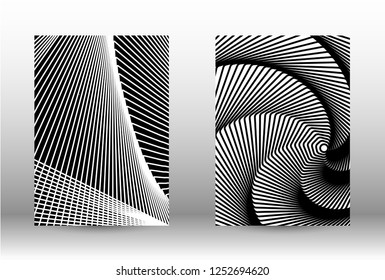 Optical contrast. Set of abstract patterns with distorted lines. Black and white striped psychedelic background. Abstract vector illustration.You can use for design covers, cards,posters.