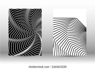 Optical contrast. Set of abstract patterns with distorted lines. Black and white striped psychedelic background. Abstract vector illustration.You can use for design covers, cards,posters.