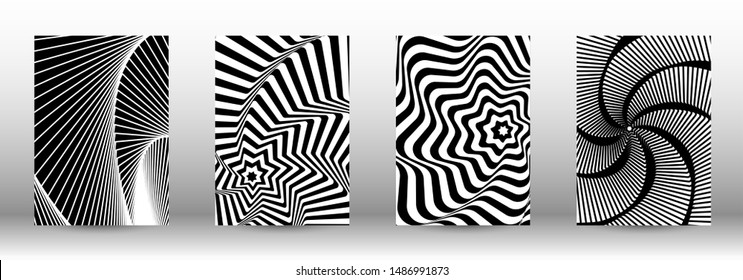 Optical contrast. Set of abstract patterns with distorted lines. Black and white striped psychedelic background. Abstract vector illustration.You can use for design covers, cards,posters.
