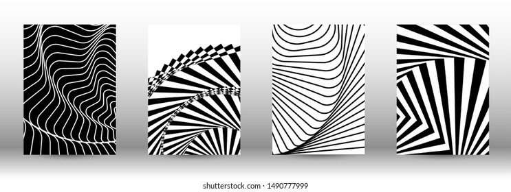 Optical contrast. Set of abstract patterns with distorted lines. Black and white striped psychedelic background. Abstract vector illustration.You can use for design covers, cards,posters.