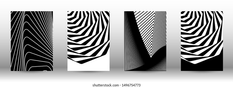 Optical contrast. Set of abstract patterns with distorted lines. Black and white striped psychedelic background. Abstract vector illustration.You can use for design covers, cards,posters.