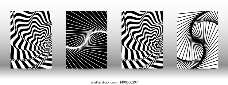 Optical contrast. Set of abstract patterns with distorted lines. Black and white striped psychedelic background. Abstract vector illustration.You can use for design covers, cards,posters.