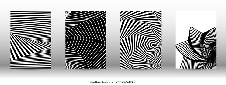 Optical contrast. Set of abstract patterns with distorted lines. Black and white striped psychedelic background. Abstract vector illustration.You can use for design covers, cards,posters.
