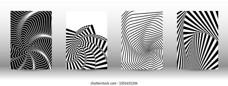 Optical contrast. Set of abstract patterns with distorted lines. Black and white striped psychedelic background. Abstract vector illustration.You can use for design covers, cards,posters.