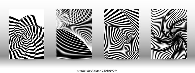 Optical contrast. Set of abstract patterns with distorted lines. Black and white striped psychedelic background. Abstract vector illustration.You can use for design covers, cards,posters.