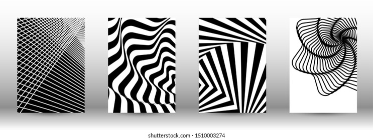 Optical contrast. Set of abstract patterns with distorted lines. Black and white striped psychedelic background. Abstract vector illustration.You can use for design covers, cards,posters.