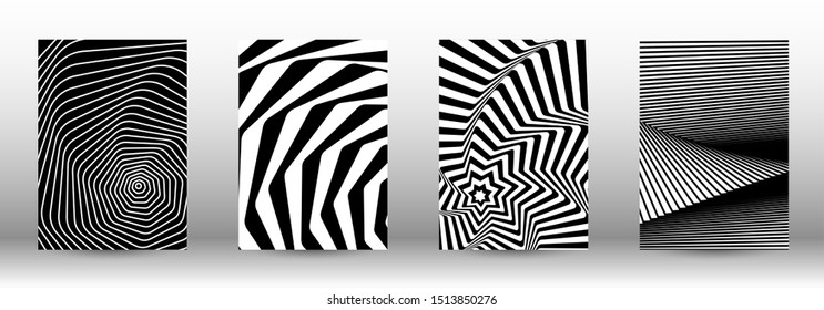 Optical contrast. Set of abstract patterns with distorted lines. Black and white striped psychedelic background. Abstract vector illustration.You can use for design covers, cards,posters.