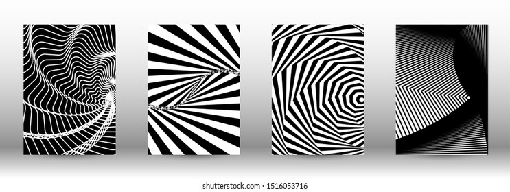 Optical contrast. Set of abstract patterns with distorted lines. Black and white striped psychedelic background. Abstract vector illustration.You can use for design covers, cards,posters.