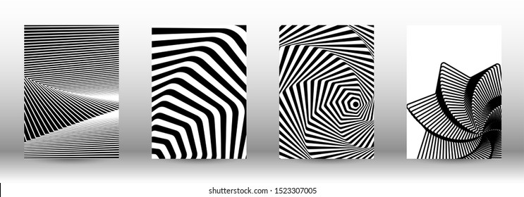 Optical contrast. Set of abstract patterns with distorted lines. Black and white striped psychedelic background. Abstract vector illustration.You can use for design covers, cards,posters.