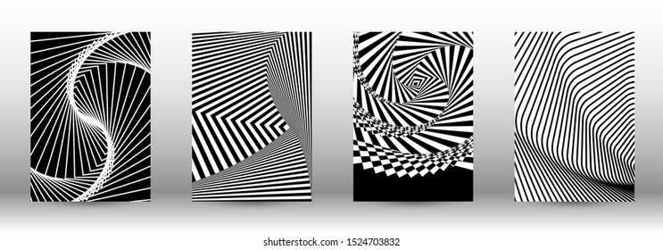 Optical contrast. Set of abstract patterns with distorted lines. Black and white striped psychedelic background. Abstract vector illustration.You can use for design covers, cards,posters.