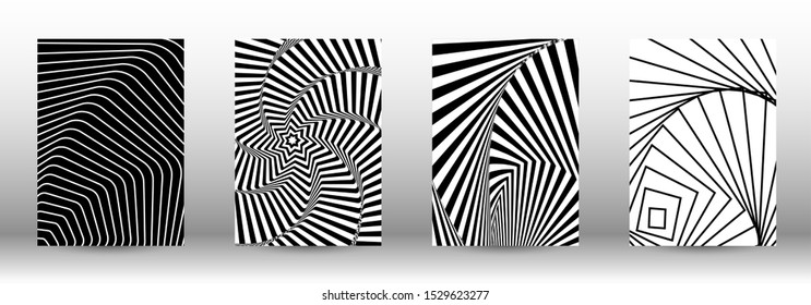 Optical contrast. Set of abstract patterns with distorted lines. Black and white striped psychedelic background. Abstract vector illustration.You can use for design covers, cards,posters.