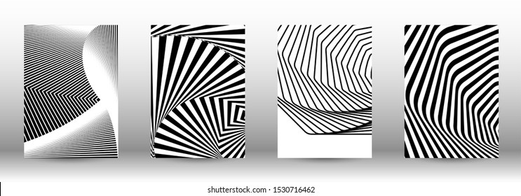 Optical contrast. Set of abstract patterns with distorted lines. Black and white striped psychedelic background. Abstract vector illustration.You can use for design covers, cards,posters.