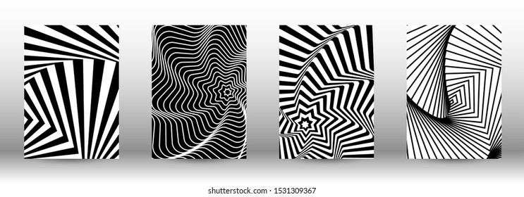 Optical contrast. Set of abstract patterns with distorted lines. Black and white striped psychedelic background. Abstract vector illustration.You can use for design covers, cards,posters.