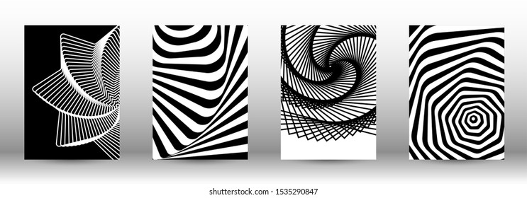 Optical contrast. Set of abstract patterns with distorted lines. Black and white striped psychedelic background. Abstract vector illustration.You can use for design covers, cards,posters.