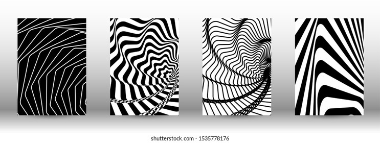 Optical contrast. Set of abstract patterns with distorted lines. Black and white striped psychedelic background. Abstract vector illustration.You can use for design covers, cards,posters.