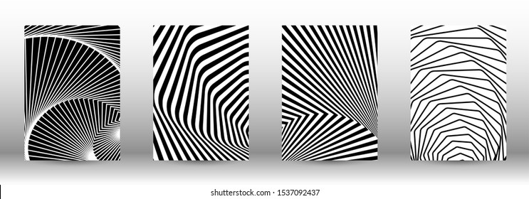 Optical contrast. Set of abstract patterns with distorted lines. Black and white striped psychedelic background. Abstract vector illustration.You can use for design covers, cards,posters.