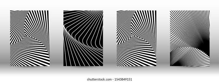 Optical contrast. Set of abstract patterns with distorted lines. Black and white striped psychedelic background. Abstract vector illustration.You can use for design covers, cards,posters.