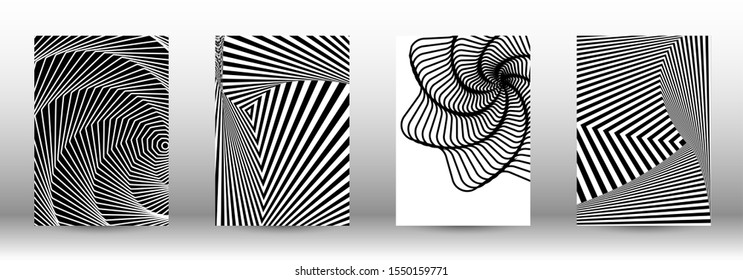 Optical contrast. Set of abstract patterns with distorted lines. Black and white striped psychedelic background. Abstract vector illustration.You can use for design covers, cards,posters.