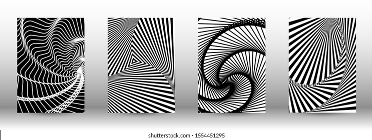 Optical contrast. Set of abstract patterns with distorted lines. Black and white striped psychedelic background. Abstract vector illustration.You can use for design covers, cards,posters.