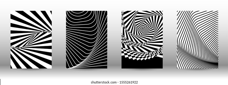 Optical contrast. Set of abstract patterns with distorted lines. Black and white striped psychedelic background. Abstract vector illustration.You can use for design covers, cards,posters.