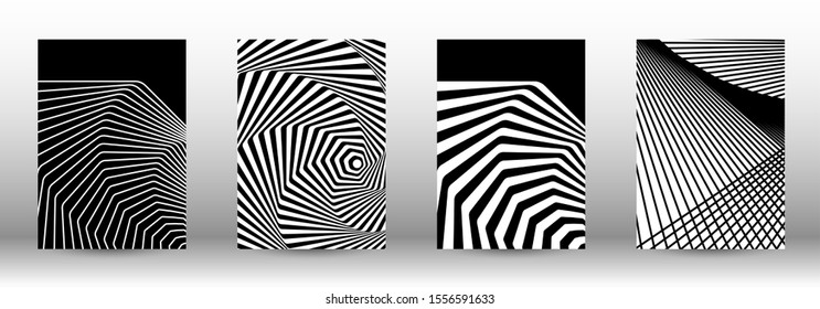 Optical contrast. Set of abstract patterns with distorted lines. Black and white striped psychedelic background. Abstract vector illustration.You can use for design covers, cards,posters.
