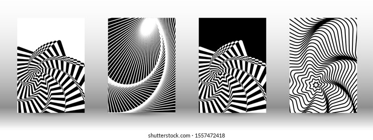 Optical contrast. Set of abstract patterns with distorted lines. Black and white striped psychedelic background. Abstract vector illustration.You can use for design covers, cards,posters.