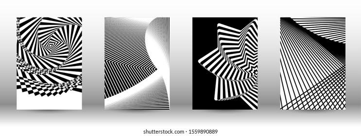 Optical contrast. Set of abstract patterns with distorted lines. Black and white striped psychedelic background. Abstract vector illustration.You can use for design covers, cards,posters.