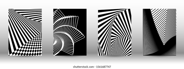 Optical contrast. Set of abstract patterns with distorted lines. Black and white striped psychedelic background. Abstract vector illustration.You can use for design covers, cards,posters.