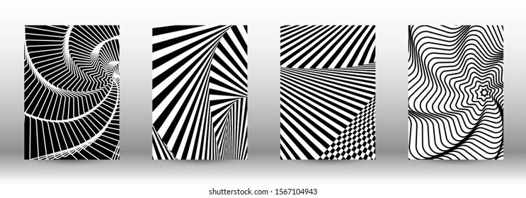Optical contrast. Set of abstract patterns with distorted lines. Black and white striped psychedelic background. Abstract vector illustration.You can use for design covers, cards,posters.