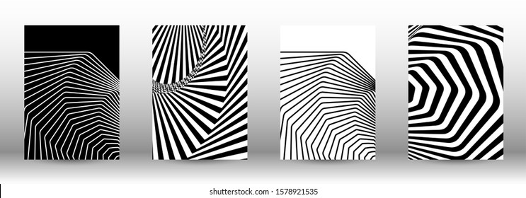 Optical contrast. Set of abstract patterns with distorted lines. Black and white striped psychedelic background. Abstract vector illustration.You can use for design covers, cards,posters.