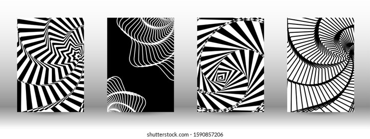 Optical contrast. Set of abstract patterns with distorted lines. Black and white striped psychedelic background. Abstract vector illustration.You can use for design covers, cards,posters.