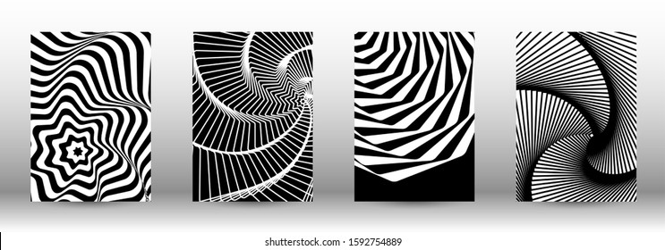 Optical contrast. Set of abstract patterns with distorted lines. Black and white striped psychedelic background. Abstract vector illustration.You can use for design covers, cards,posters.