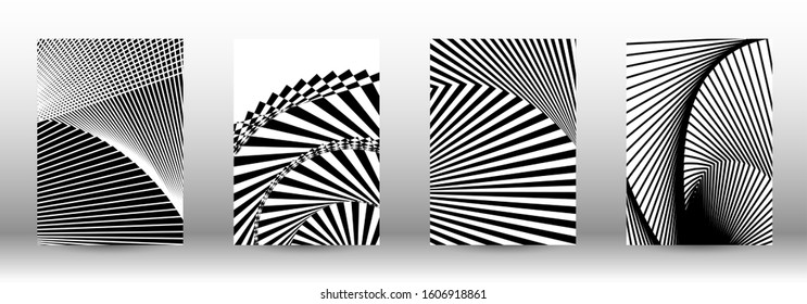 Optical contrast. Set of abstract patterns with distorted lines. Black and white striped psychedelic background. Abstract vector illustration.You can use for design covers, cards,posters.