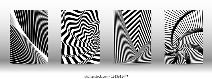 Optical contrast. Set of abstract patterns with distorted lines. Black and white striped psychedelic background. Abstract vector illustration.You can use for design covers, cards,posters.