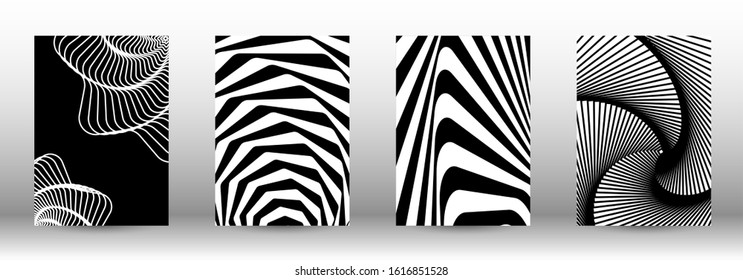 Optical contrast. Set of abstract patterns with distorted lines. Black and white striped psychedelic background. Abstract vector illustration.You can use for design covers, cards,posters.