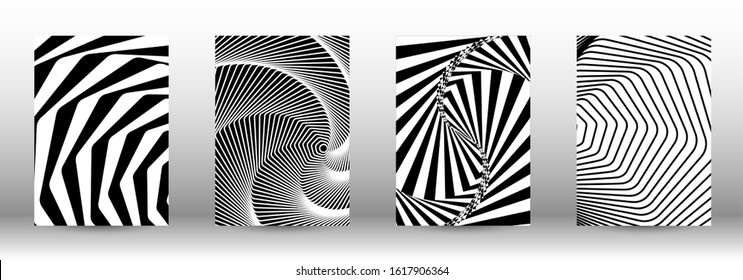 Optical contrast. Set of abstract patterns with distorted lines. Black and white striped psychedelic background. Abstract vector illustration.You can use for design covers, cards,posters.